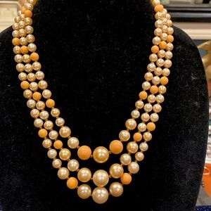Japan Peach and Pearl Beaded Necklace. Lucite. Gold Tone Clasp. Signed Japan